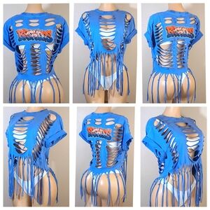 Edgy Blue Denver Broncos Custom Fringe Cutout Women's Top